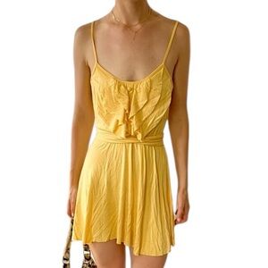 VTG Rachel Pally Sleeveless Yellow Jersey Ruffle Mini Dress w Sash & Buttons